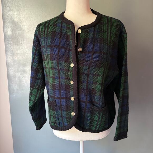Vintage TALLY HO Women's Med Green Blue Plaid Tartan Wool Blend Cardigan Preppy - Picture 1 of 11